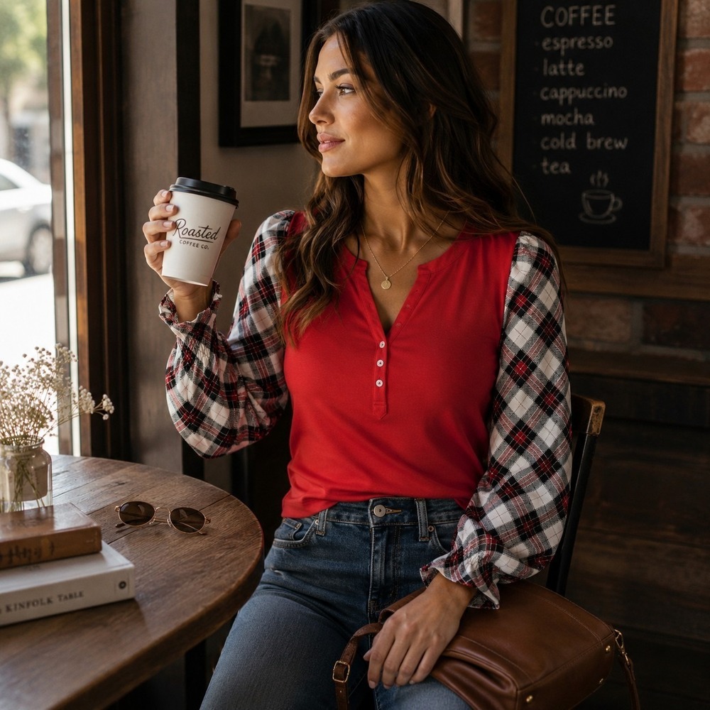 Loft Plaid Henley Mixed Media Top M Red White Festive Chic Casual Preppy NWT